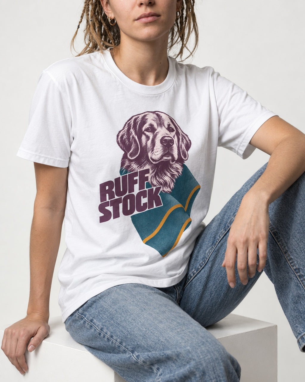 Golden Retriever Ruff Stock T-Shirt in White, worn by a seated model