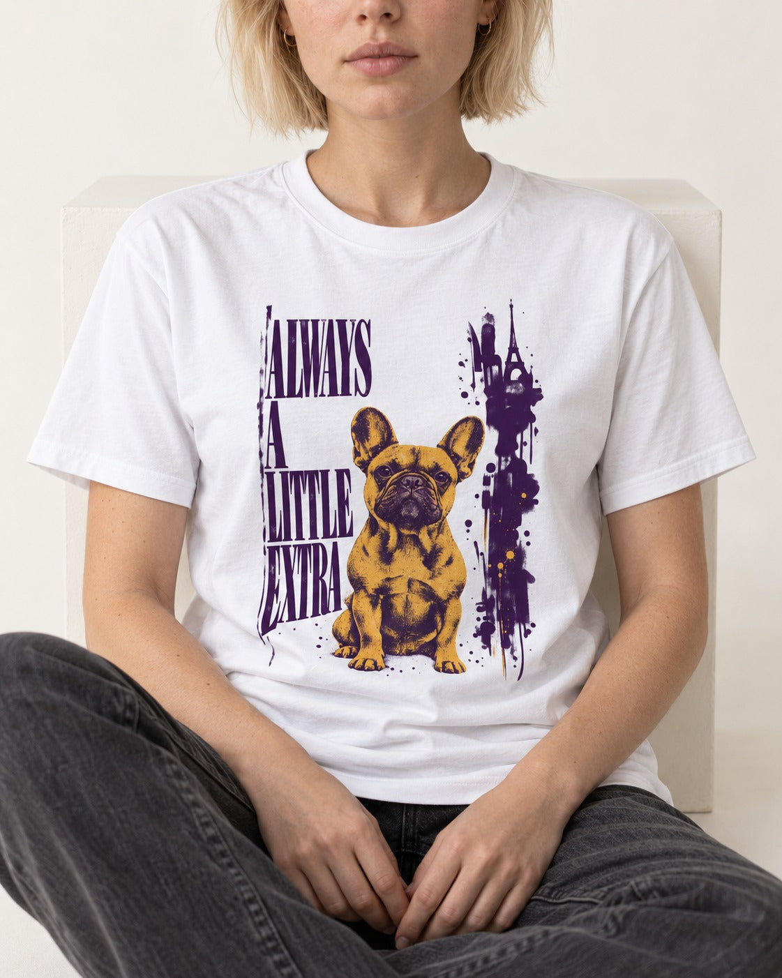 Frenchie Always a Little Extra Splatter Graphic T-Shirt in White, worn by a seated model