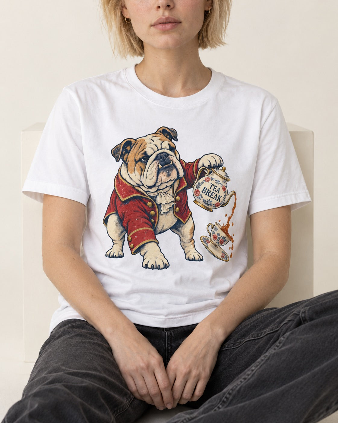 English Bulldog Tea Break T-Shirt in White, worn by a seated model