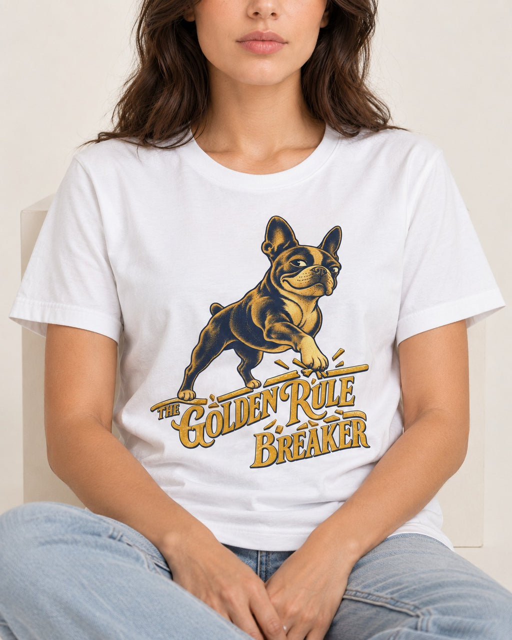 Boston Terrier Golden Rule Breaker T-Shirt in White, worn by a seated model