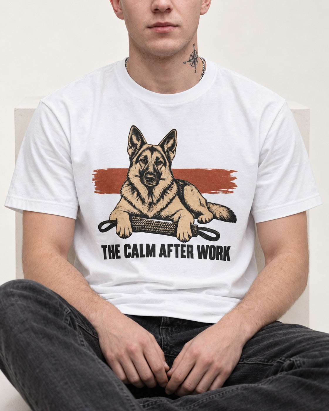 German Shepherd Dog The Calm After Work T-Shirt in White, worn by a seated model