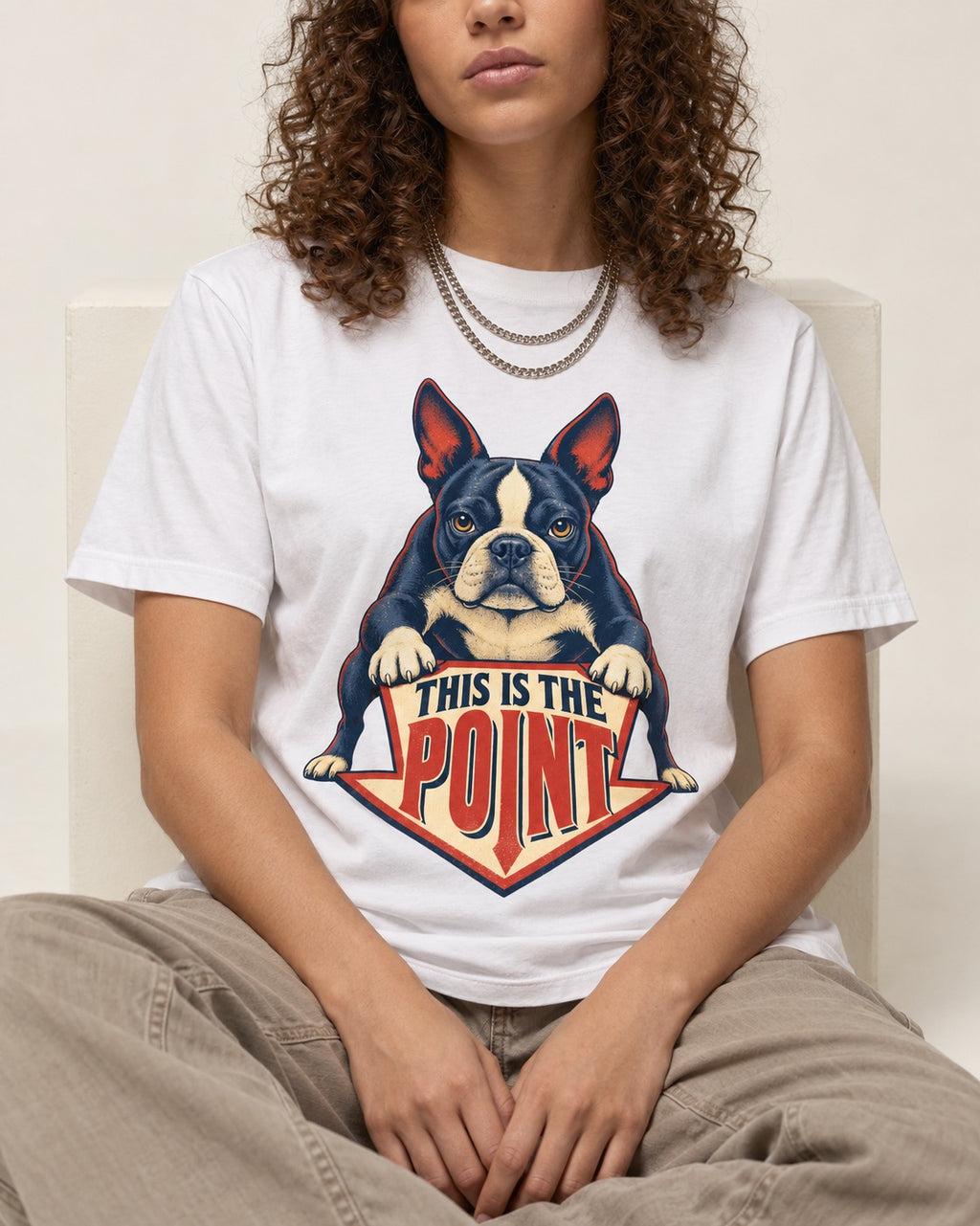 Boston Terrier Is the Point T-Shirt in White, worn by a seated model