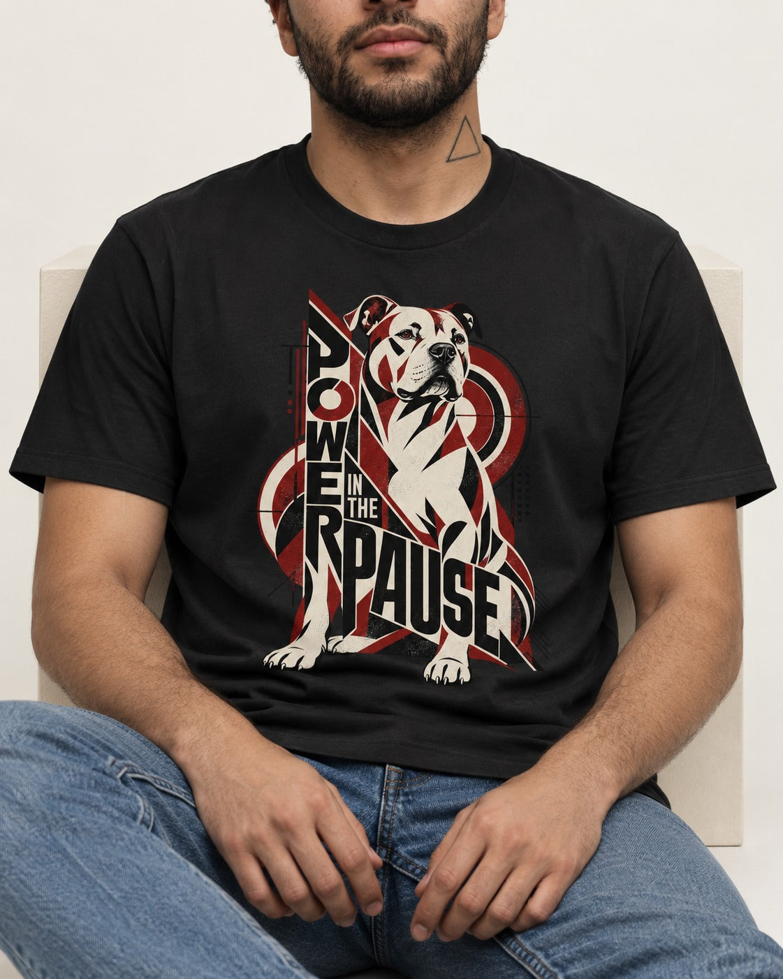 Pitbull Power in the Pause Geometric Graphic T-Shirt in Black, worn by a seated model