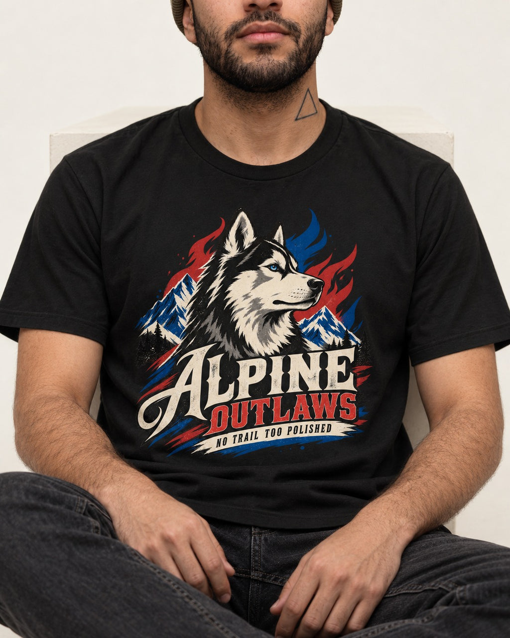 Husky Alpine Outlaws No Trail Too Polished Graphic T-Shirt in Black, worn by a seated model