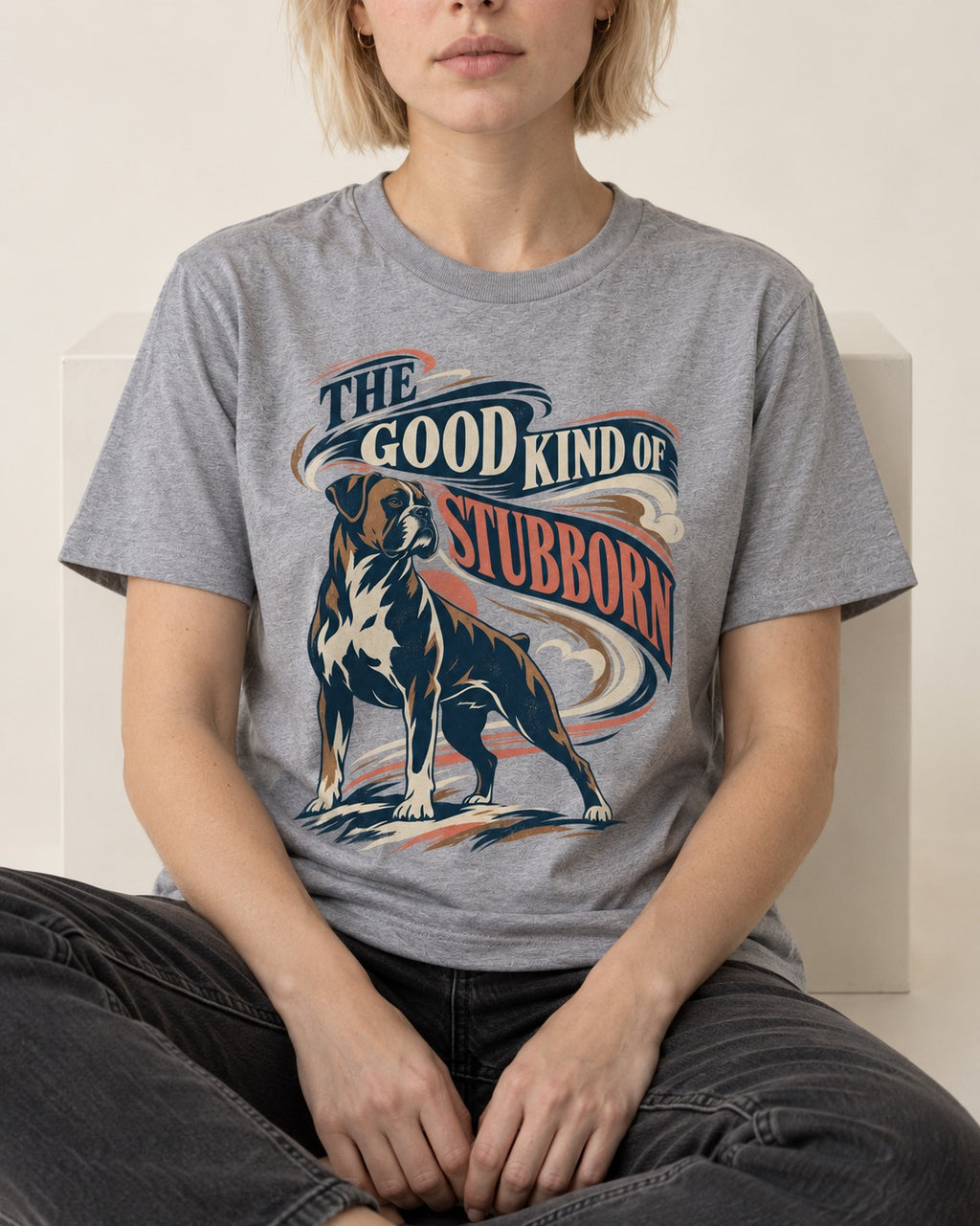 Boxer The Good Kind of Stubborn T-Shirt in Sport Grey, worn by a seated model