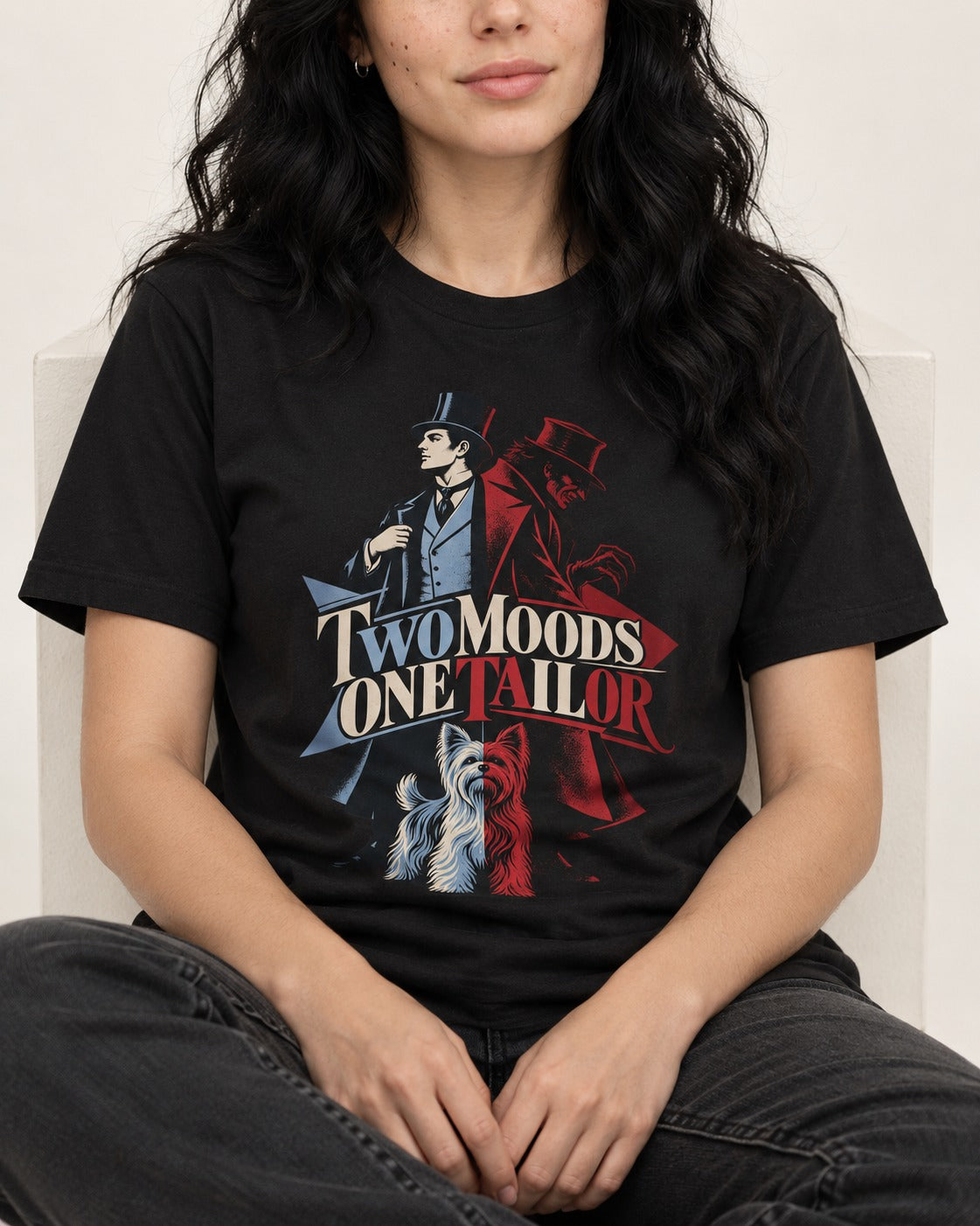 Yorkshire Terrier Two Moods One Tailor Split Persona Graphic T-Shirt in Black, worn by a seated model