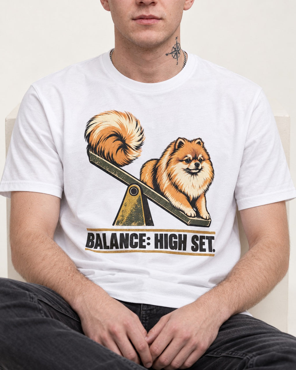 Pomeranian Balance High Set T-Shirt in White, worn by a seated model