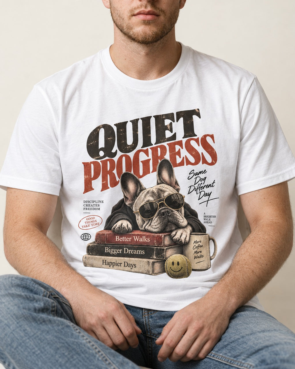Quiet Progress Frenchie T-Shirt in White, worn by a seated model