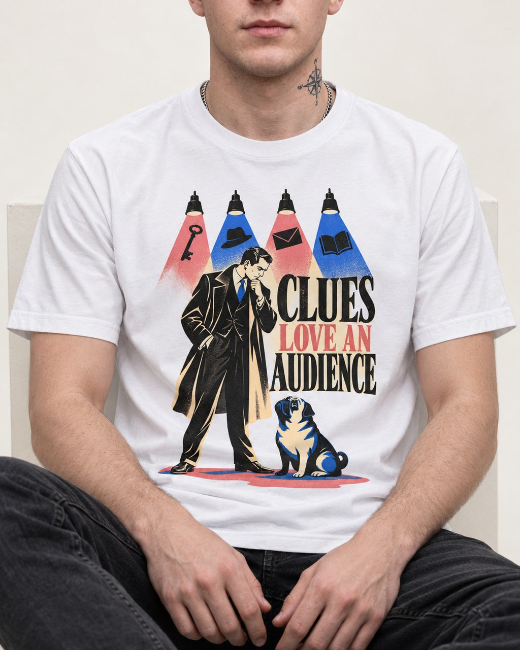 Pug Clues Love an Audience T-Shirt in White, worn by a seated model