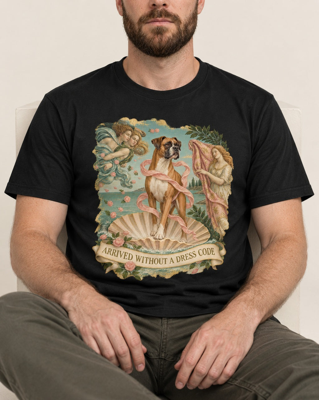 Arrived Without a Dress Code Boxer Classical Collage T-Shirt in Black, worn by a seated model