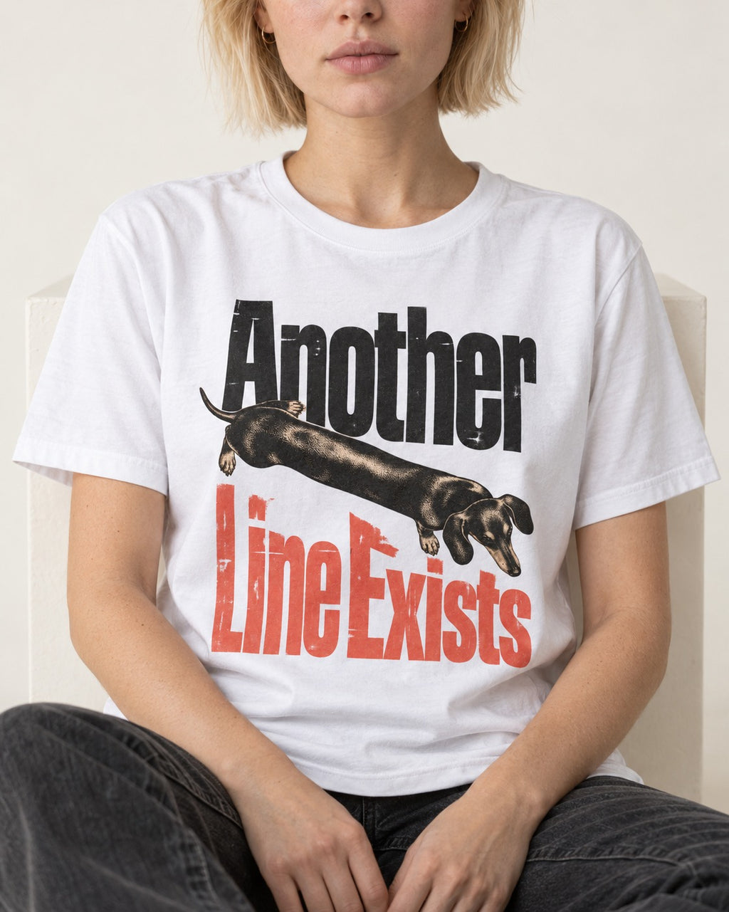 Another Dachshund Line Exists T-Shirt in White, worn by a seated model