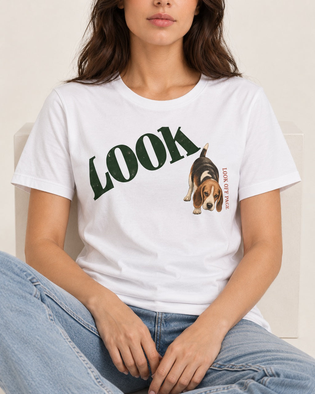 Beagle Look Off Page T-Shirt in White, worn by a seated model