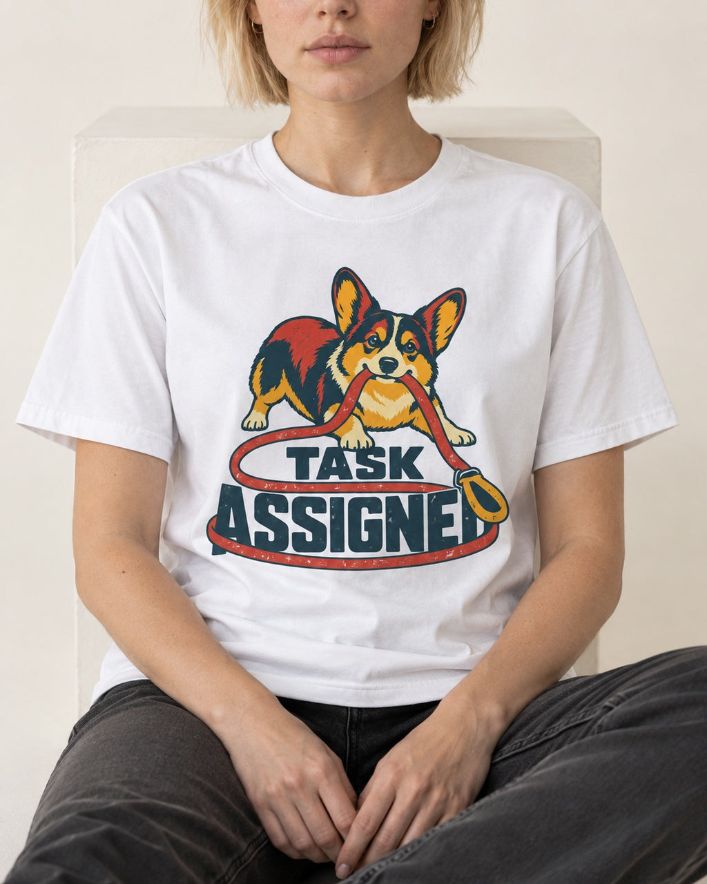 Corgi Task Assigned T-Shirt in White, worn by a seated model