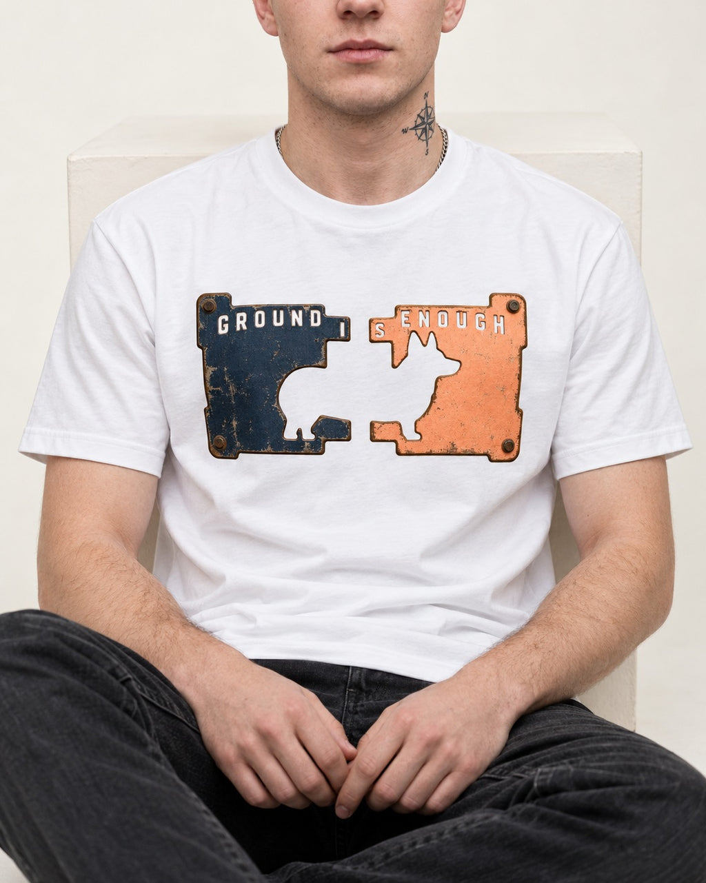 Corgi Is Enough T-Shirt in White, worn by a seated model