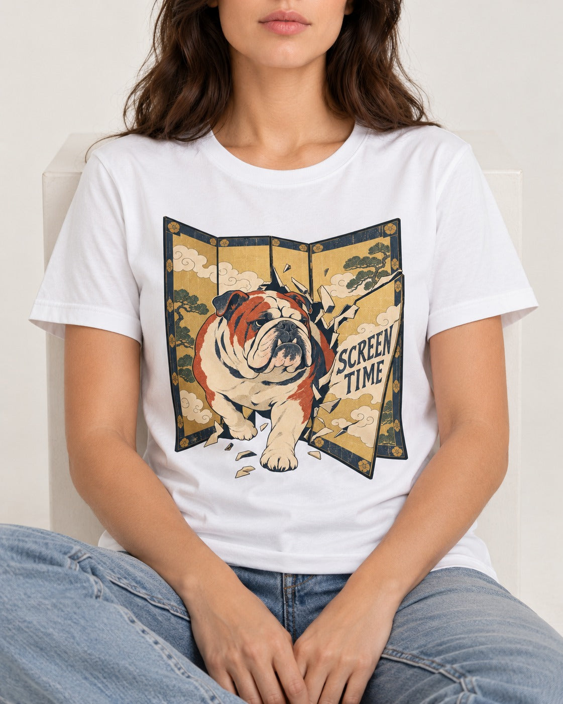 English Bulldog Screen Time T-Shirt in White, worn by a seated model