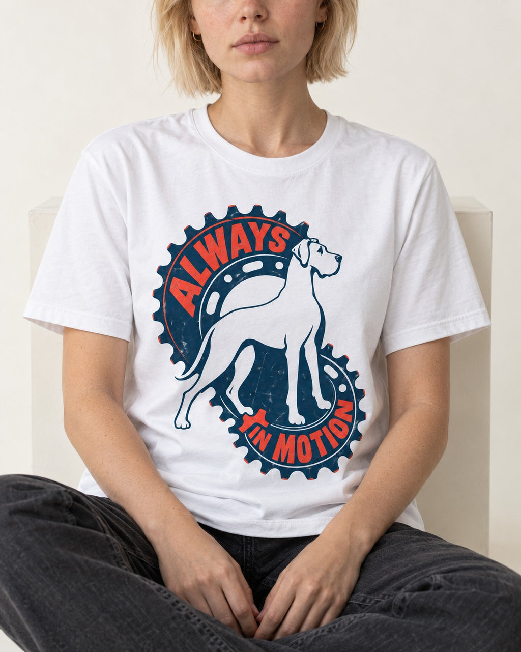 Great Dane Always in Motion T-Shirt in White, worn by a seated model
