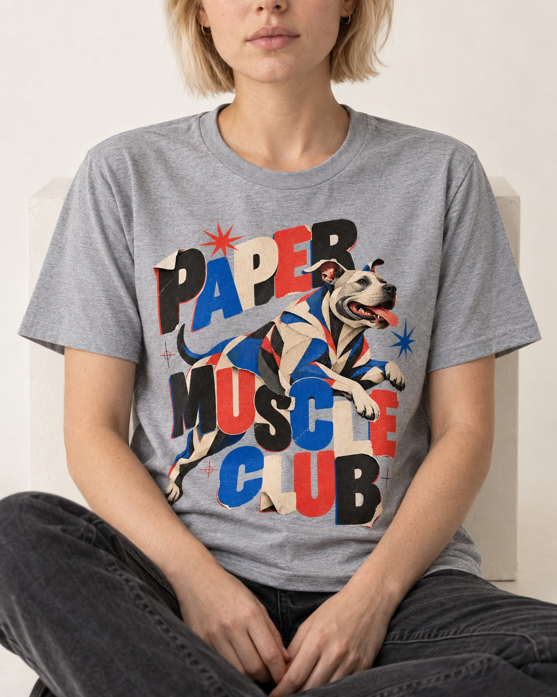 Pitbull Paper Muscle Club Collage Graphic T-Shirt in Sport Grey, worn by a seated model