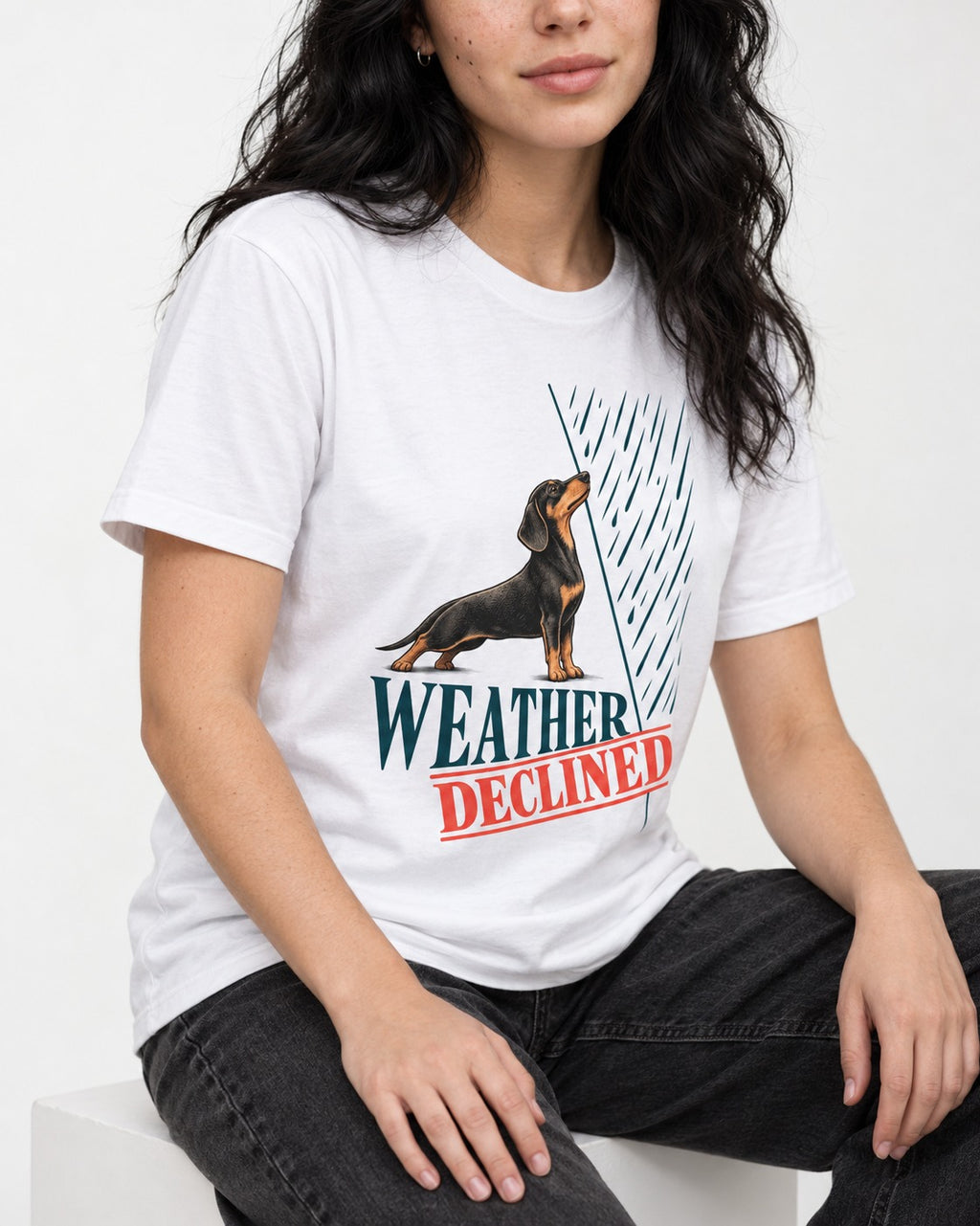 Weather Declined by Dachshund T-Shirt in White, worn by a seated model