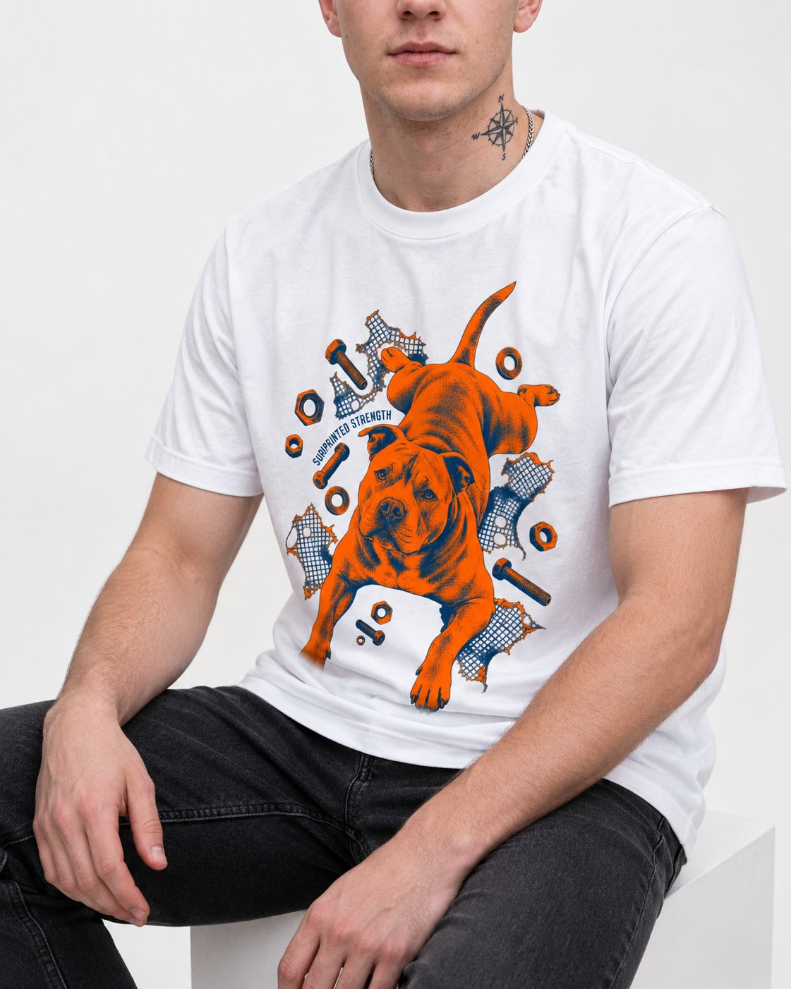 Pitbull Strength T-Shirt in White, worn by a seated model