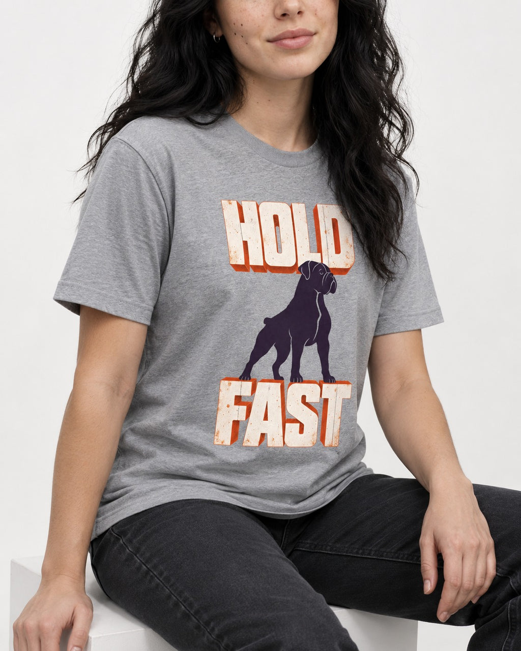 Hold Fast Boxer Typography Graphic T-Shirt in Sport Grey, worn by a seated model