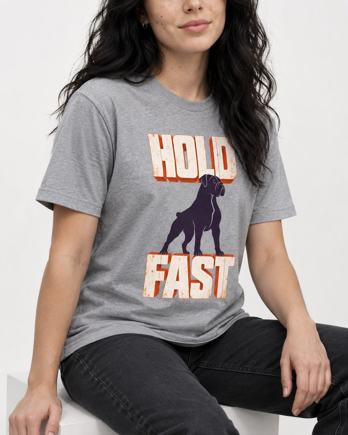 Hold Fast Boxer Typography Graphic T-Shirt in Sport Grey, worn by a seated model