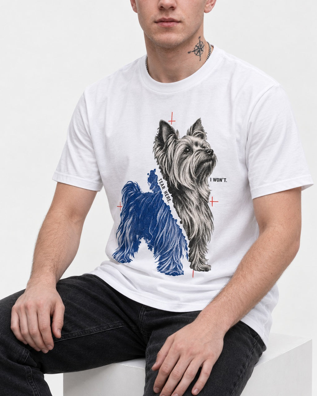 Yorkshire Terrier I Won't Tear Here T-Shirt in White, worn by a seated model