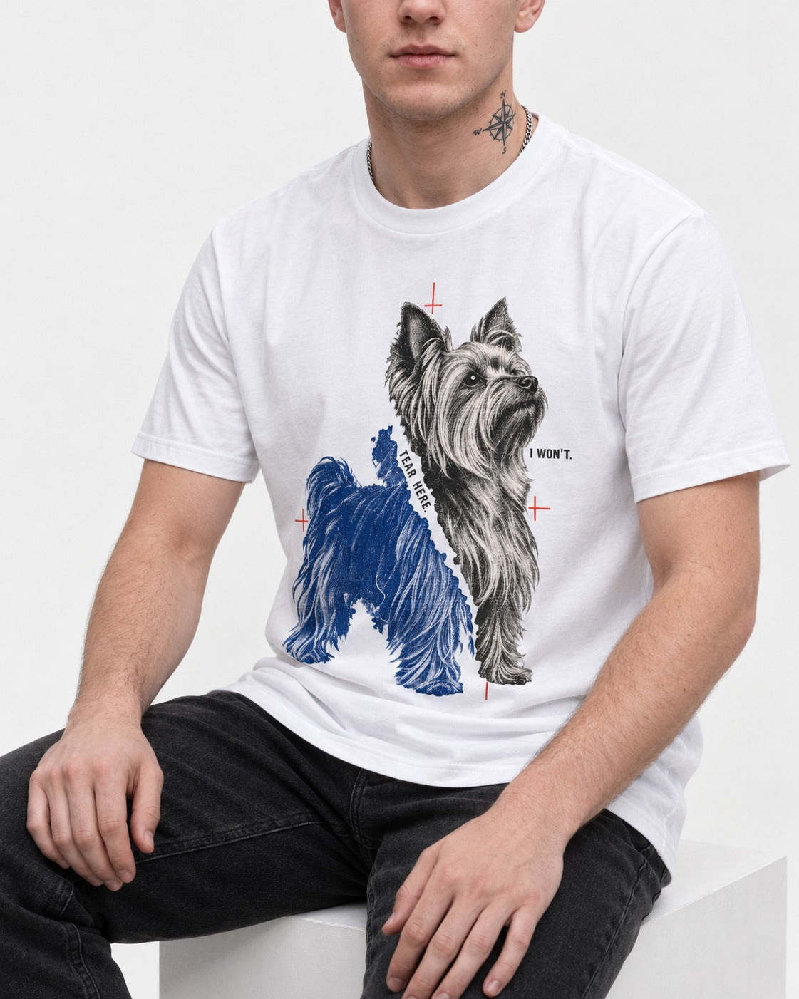 Yorkshire Terrier I Won't Tear Here T-Shirt in White, worn by a seated model
