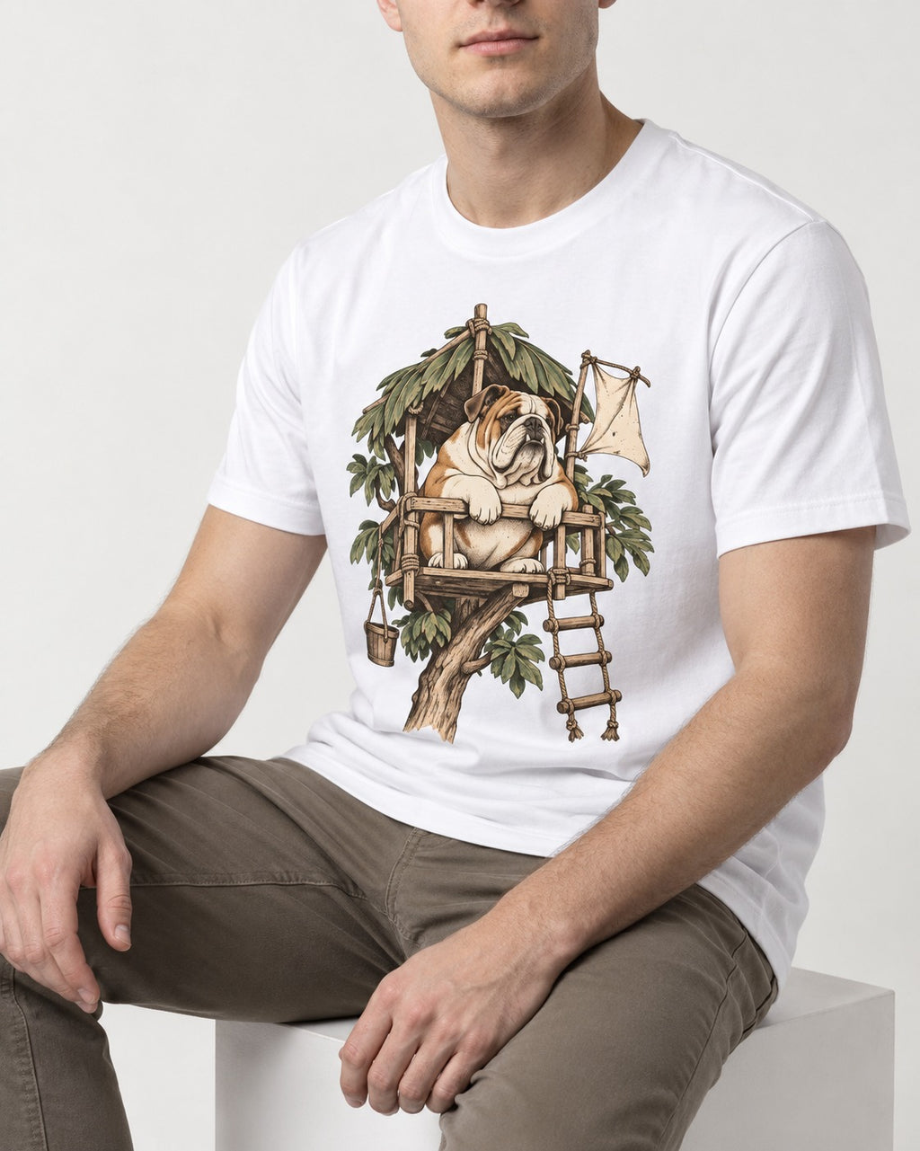 English Bulldog Above It All T-Shirt in White, worn by a seated model