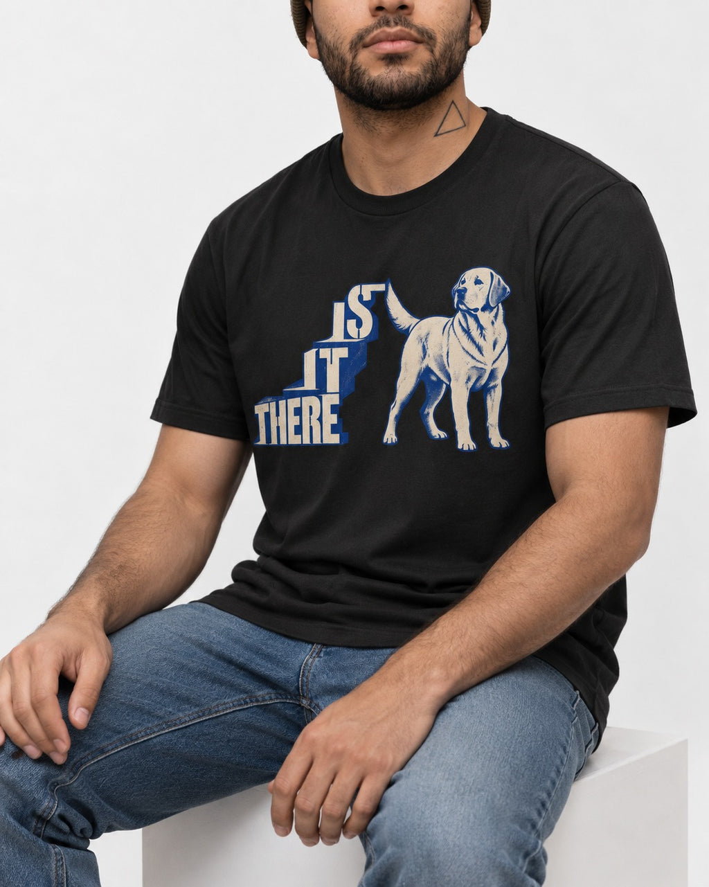 Labrador Retriever Is It There Stair-Step Graphic T-Shirt in Black, worn by a seated model