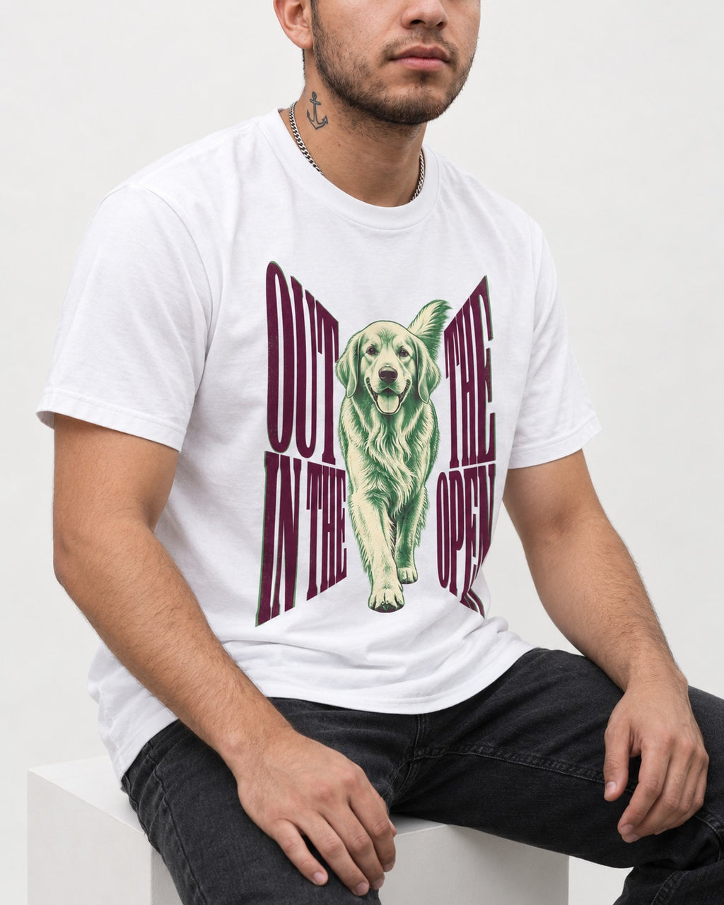 Golden Retriever Out in the Open T-Shirt in White, worn by a seated model