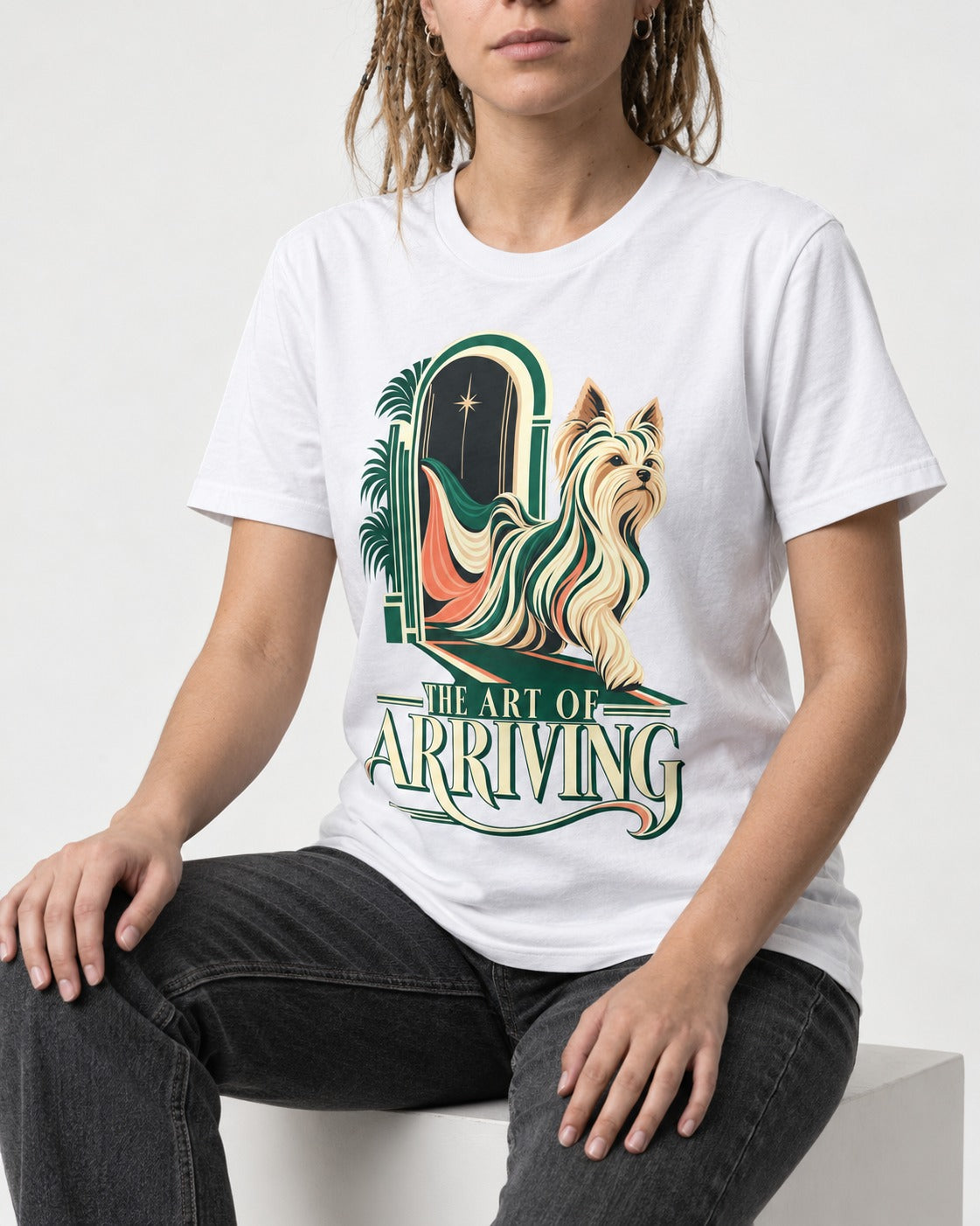 Yorkshire Terrier Arriving T-Shirt in White, worn by a seated model