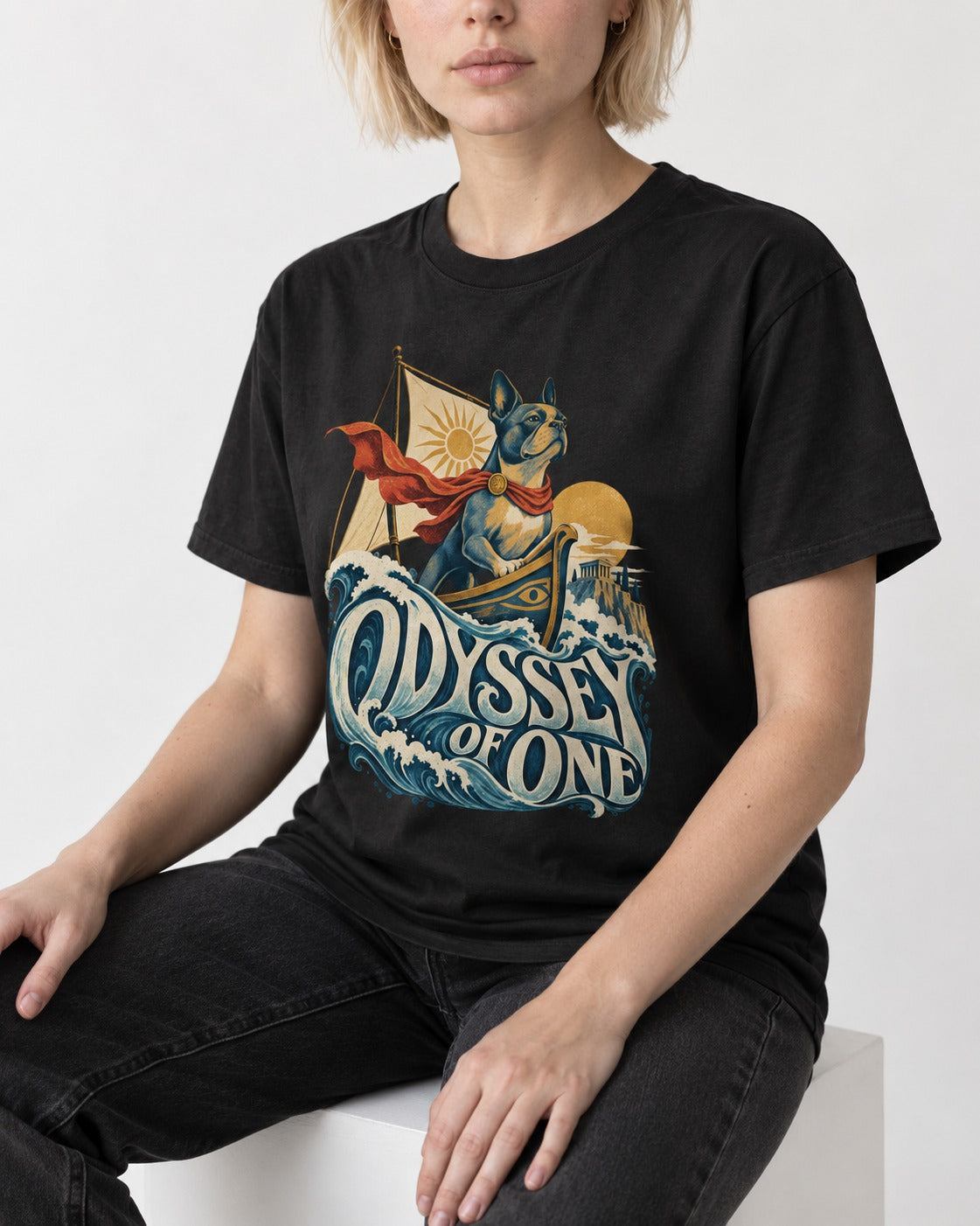 Boston Terrier Odyssey of One T-Shirt in Black, worn by a seated model