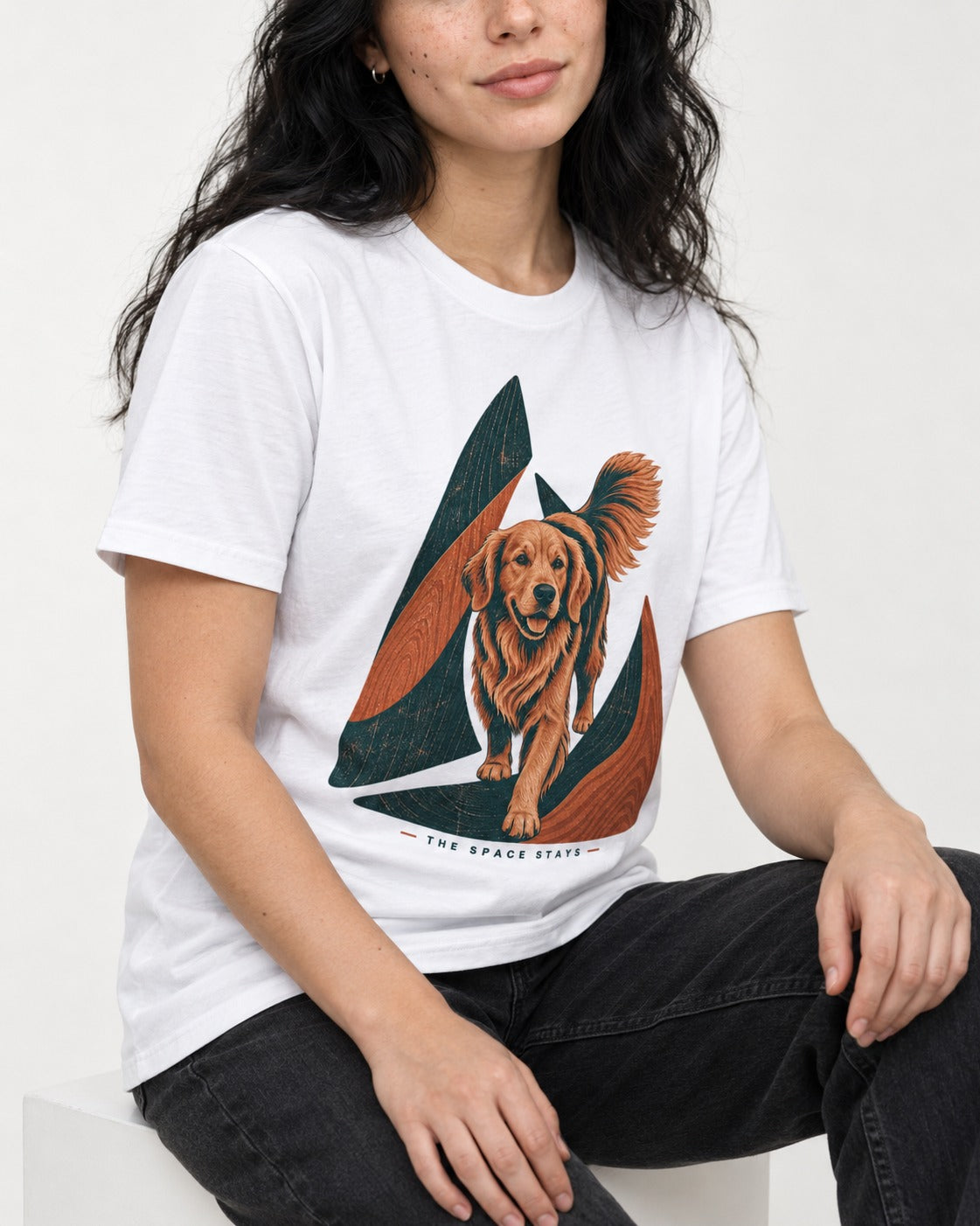 The Golden Retriever Space Stays T-Shirt in White, worn by a seated model