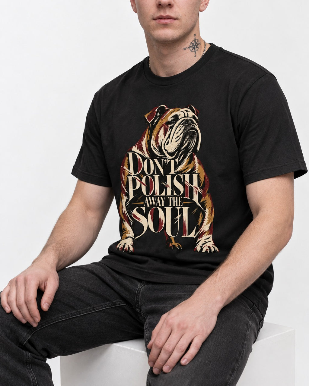English Bulldog Don't Polish Away the Soul Typography Graphic T-Shirt in Black, worn by a seated model