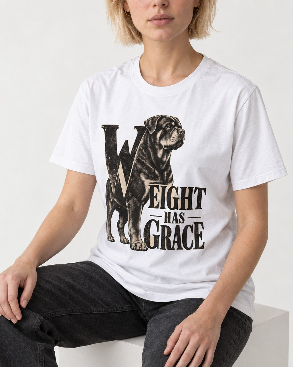 Rottweiler Weight Has Grace T-Shirt in White, worn by a seated model