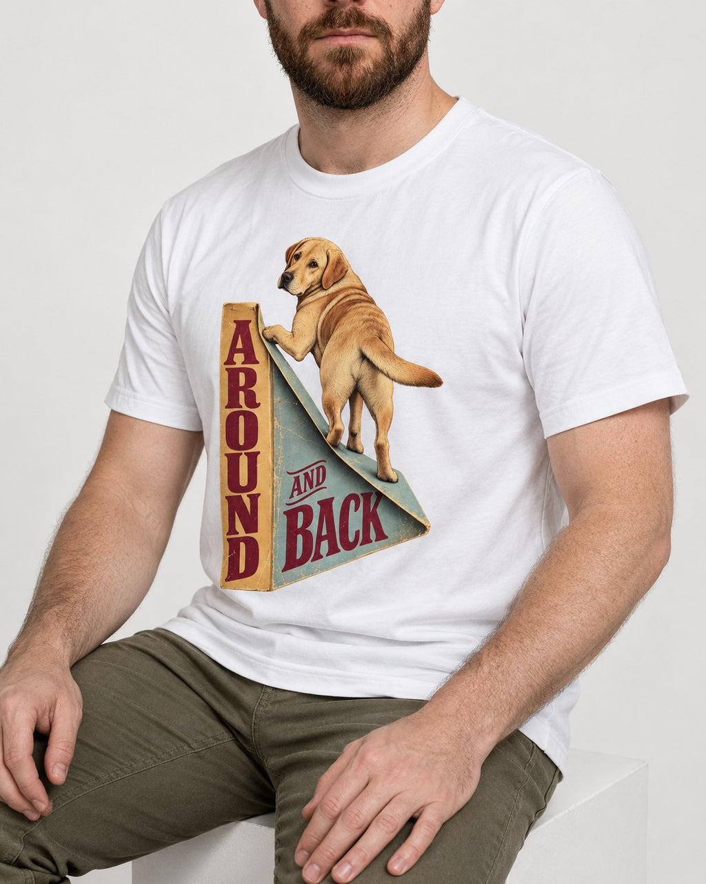 Labrador Retriever Around and Back T-Shirt in White, worn by a seated model