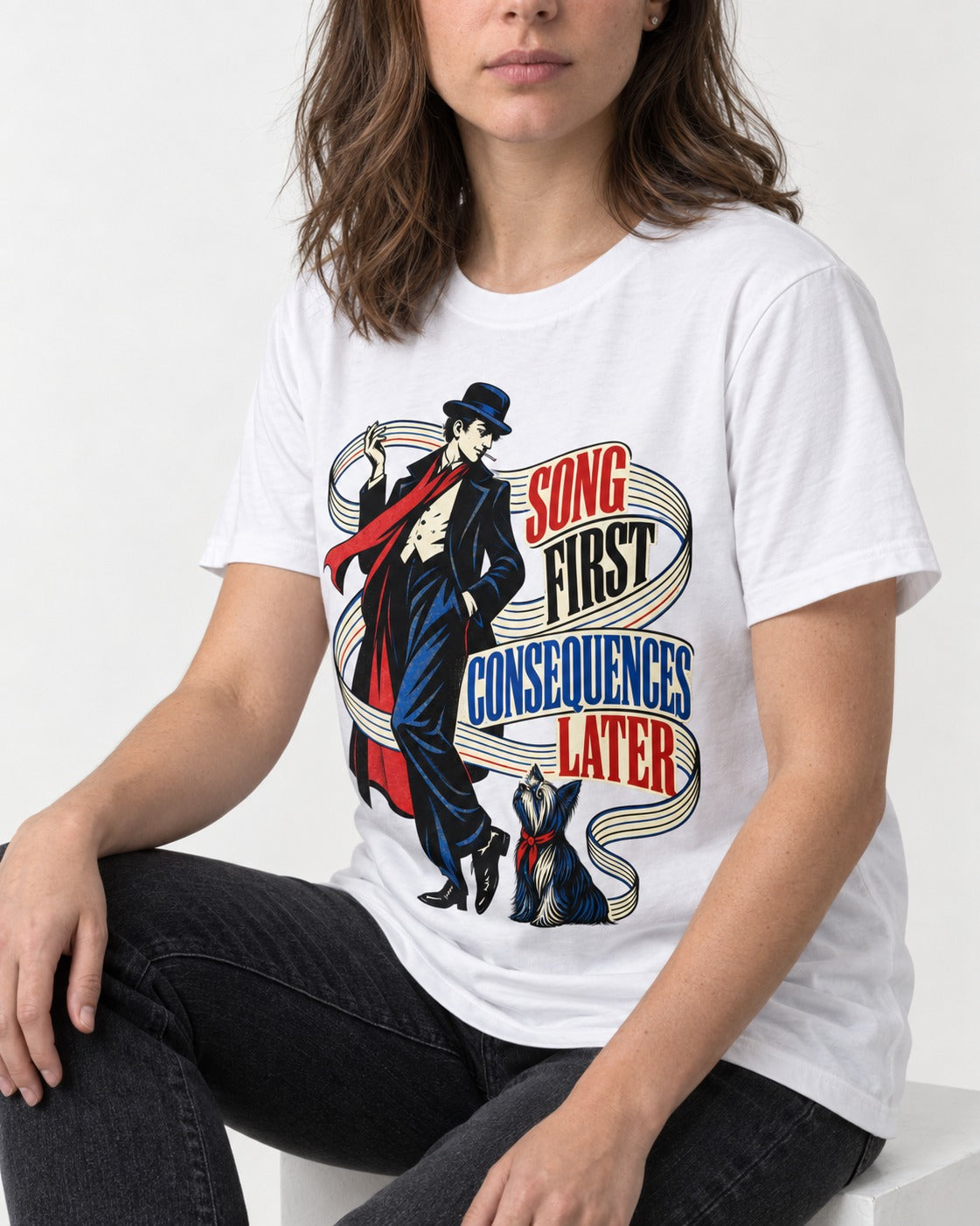 Yorkshire Terrier Song First Consequences Later T-Shirt in White, worn by a seated model