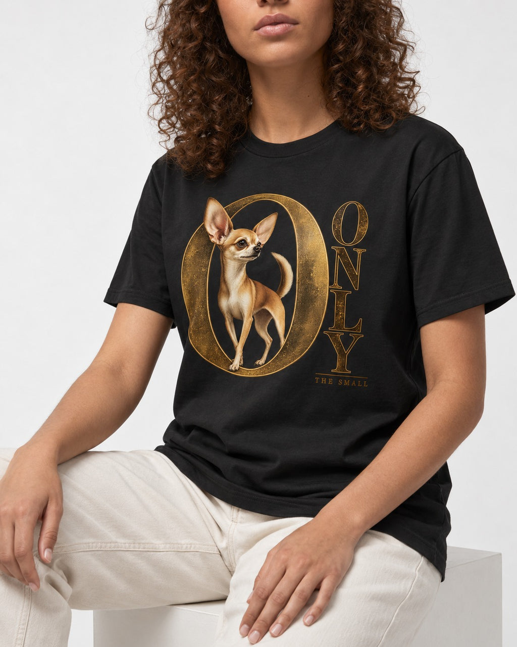 Chihuahua Only the Small T-Shirt in Black, worn by a seated model