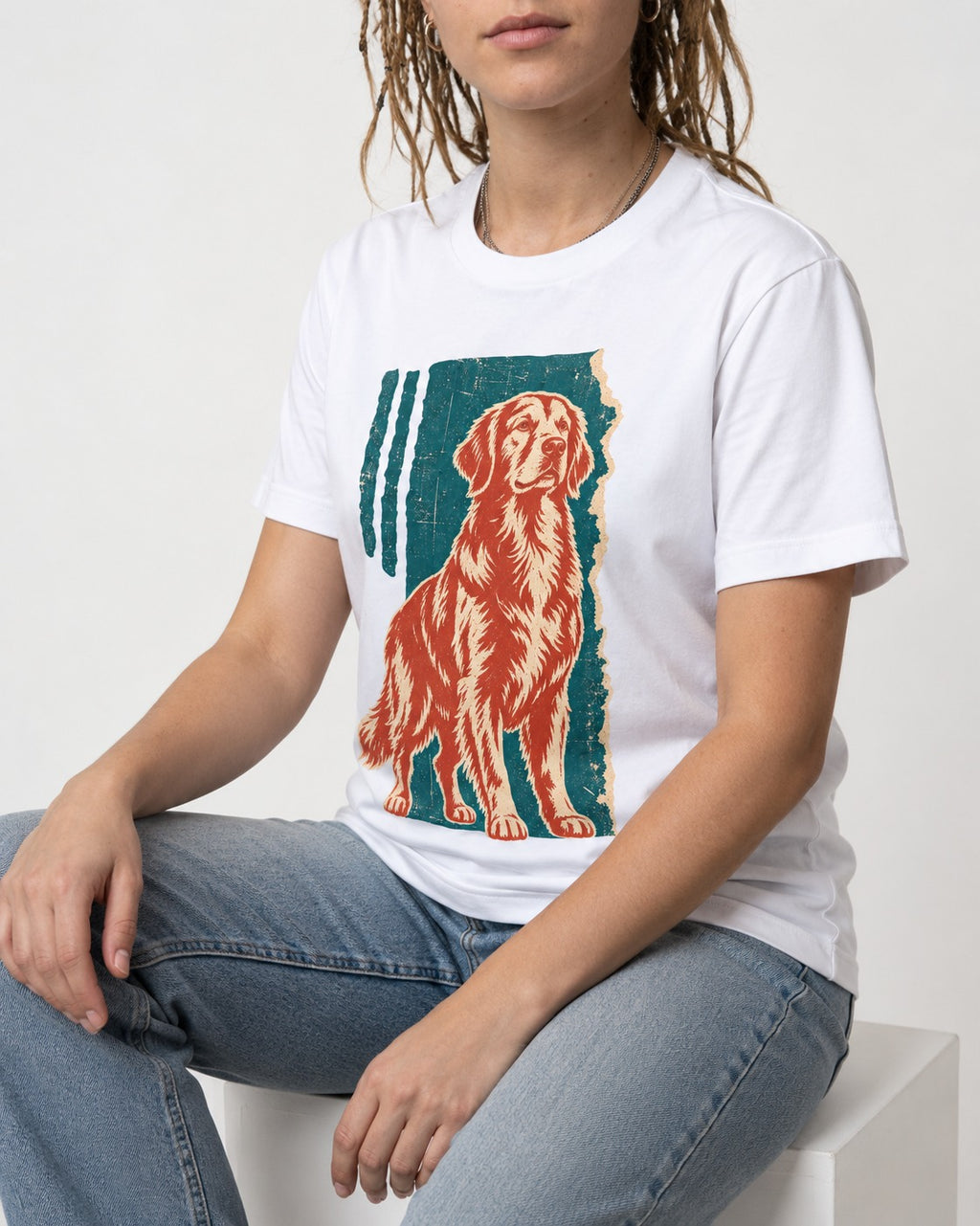 Golden Retriever Steadfast Heart T-Shirt in White, worn by a seated model