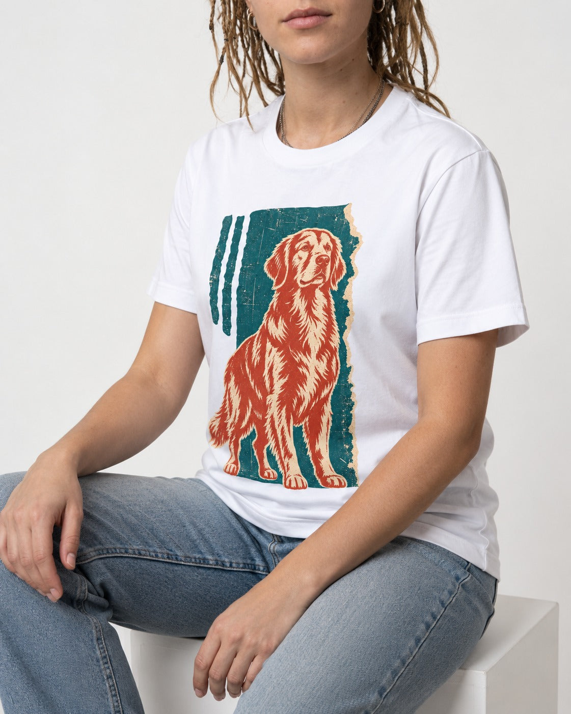 Golden Retriever Steadfast Heart T-Shirt in White, worn by a seated model