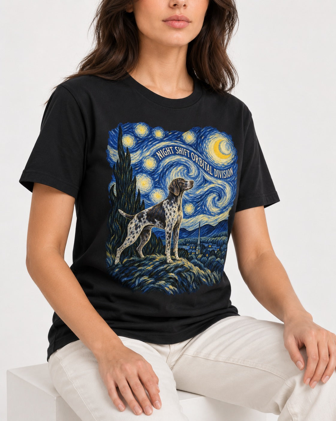 German Shorthaired Pointer Night Shift Orbital Division Starry Night Graphic T-Shirt in Black, worn by a seated model