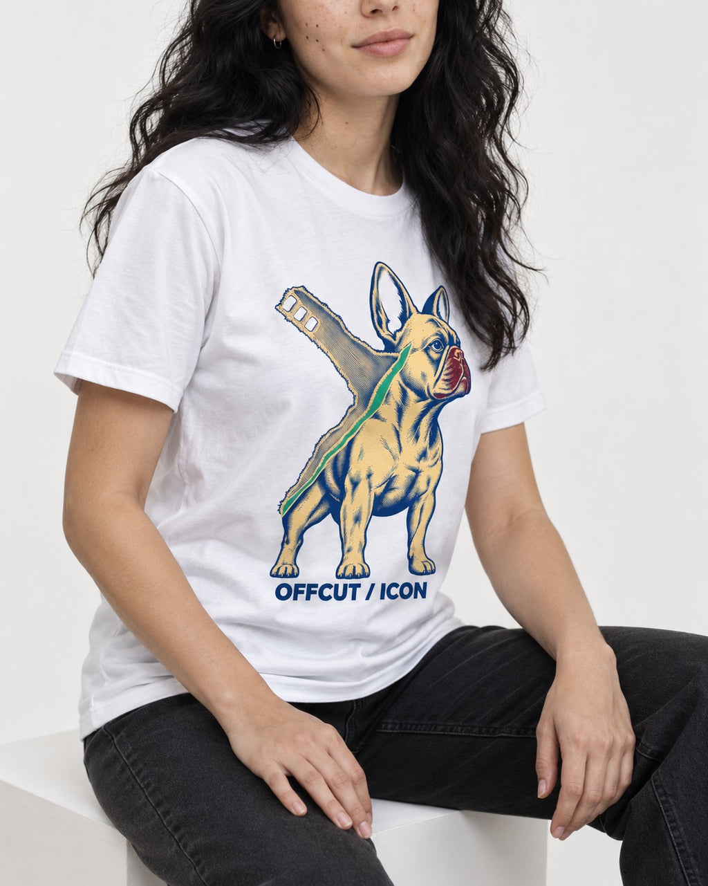 Offcut Frenchie Icon T-Shirt in White, worn by a seated model