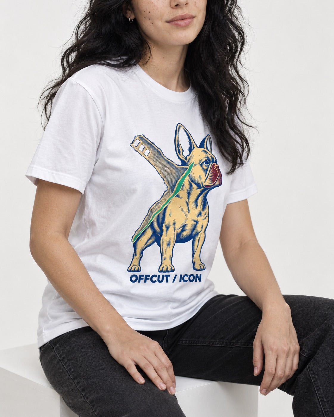 Offcut Frenchie Icon T-Shirt in White, worn by a seated model