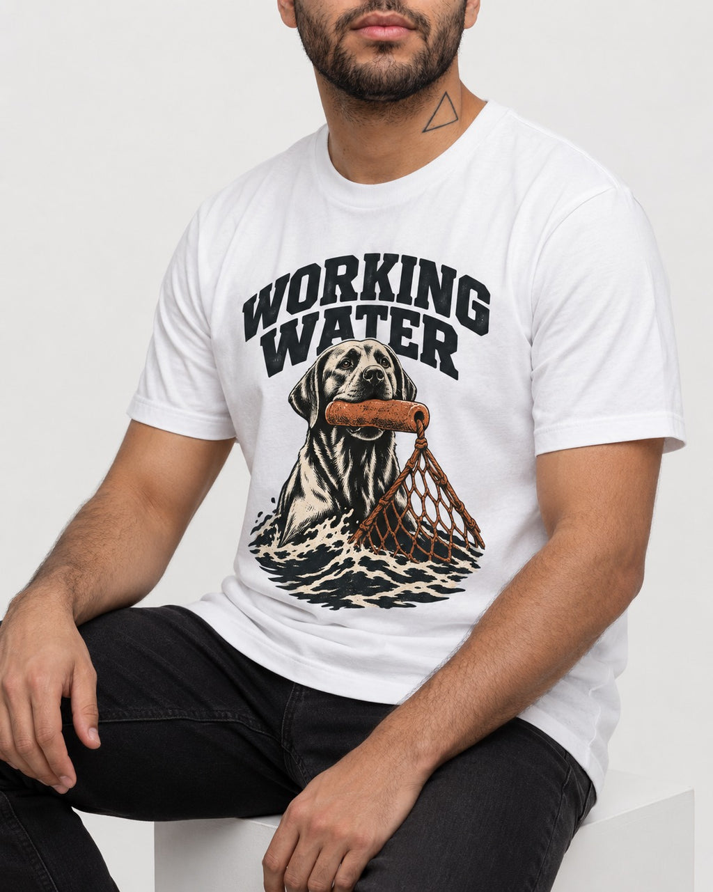 Working Water Labrador Retriever T-Shirt in White, worn by a seated model