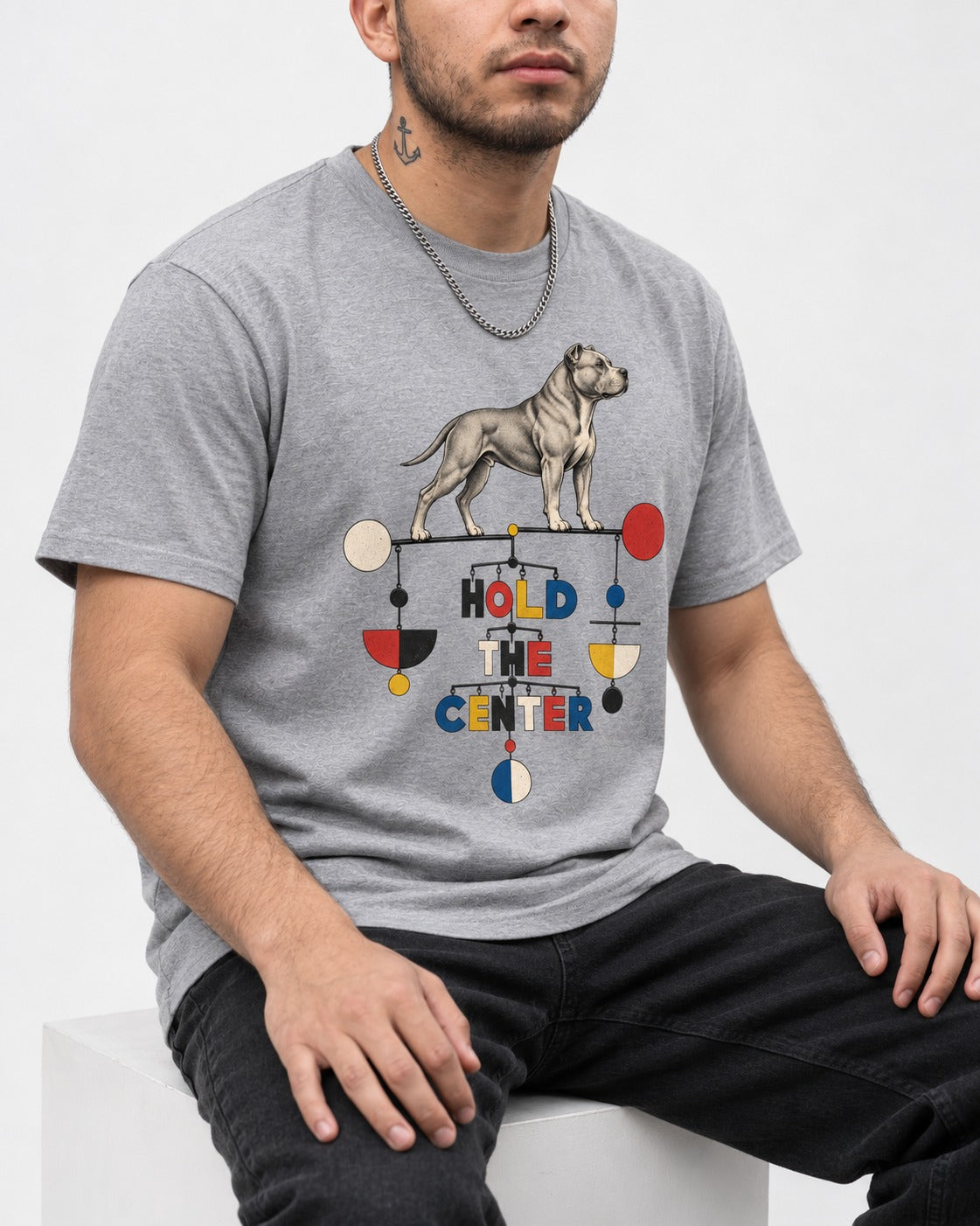 Pitbull Hold the Center Balance Mobile Graphic T-Shirt in Sport Grey, worn by a seated model