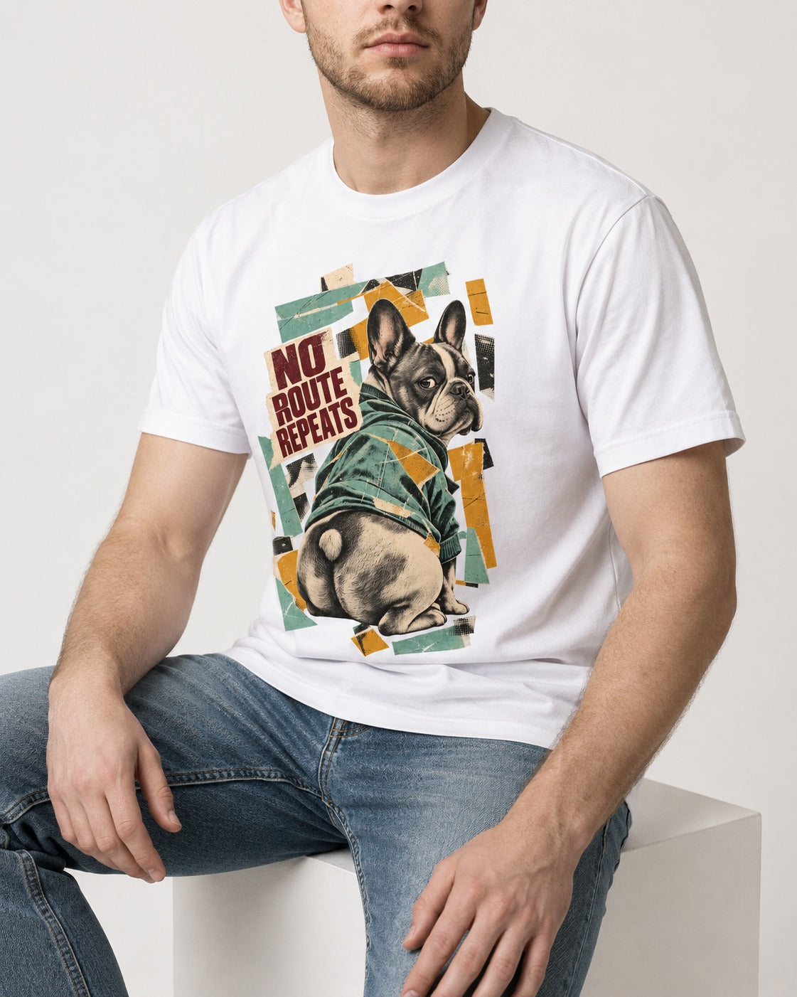 No Route Repeats Frenchie T-Shirt in White, worn by a seated model