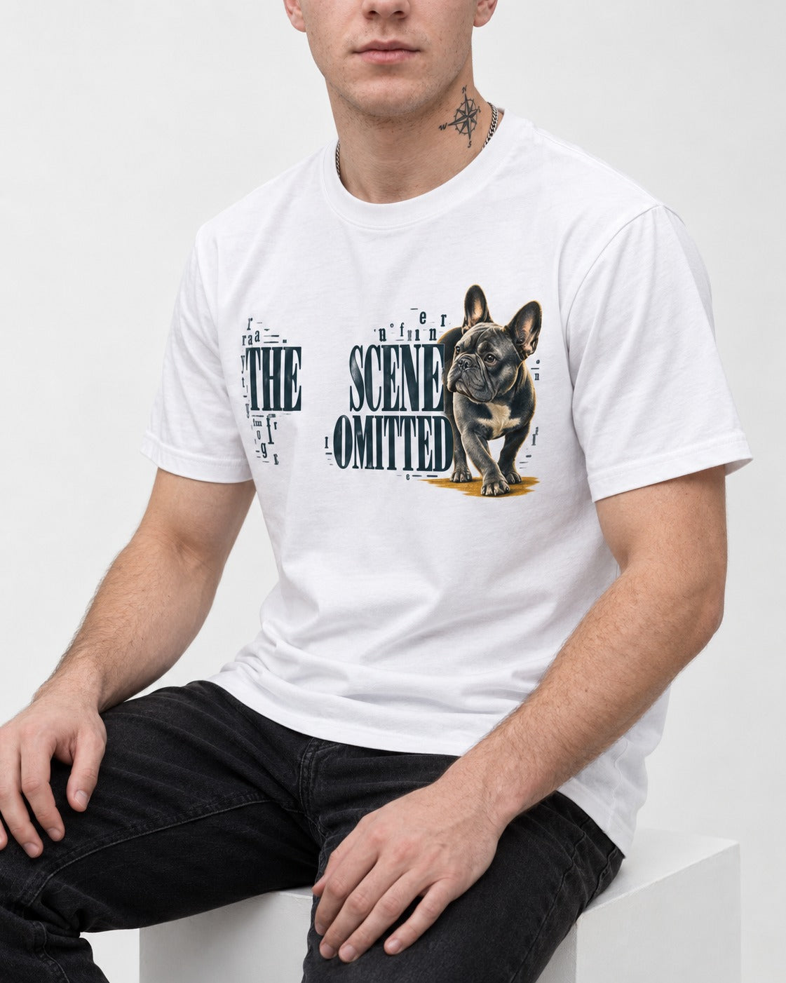 Scene Omitted for Frenchie T-Shirt in White, worn by a seated model