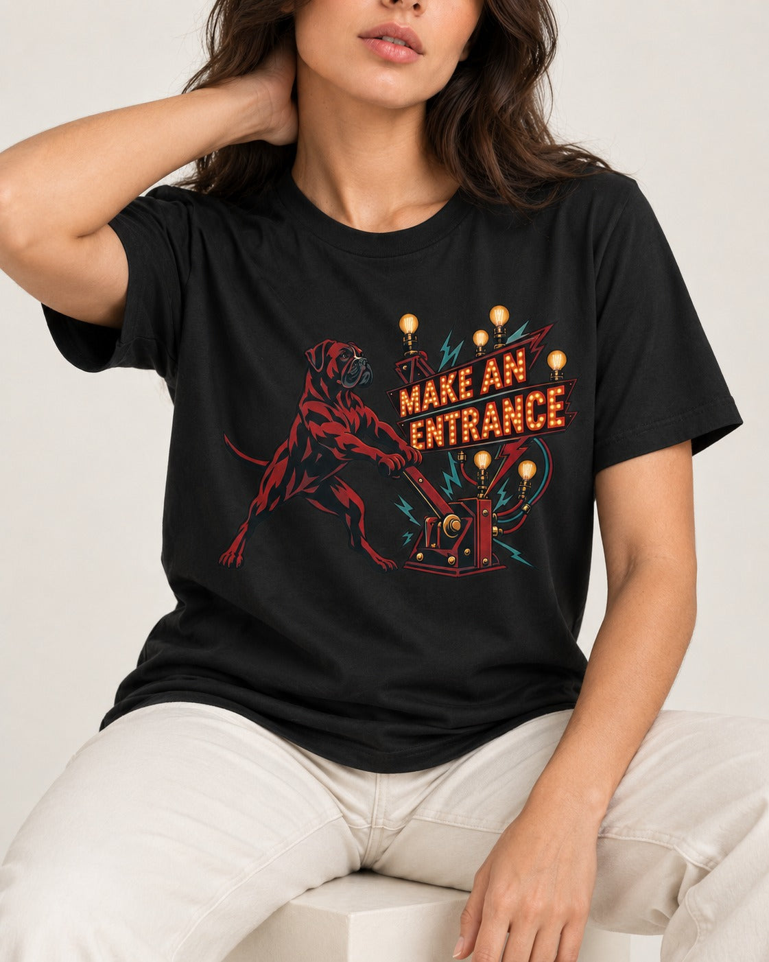 Boxer Make an Entrance T-Shirt in Black, worn by a seated model