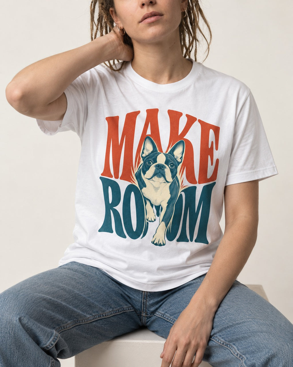 Make Room for the Boston Terrier T-Shirt in White, worn by a seated model