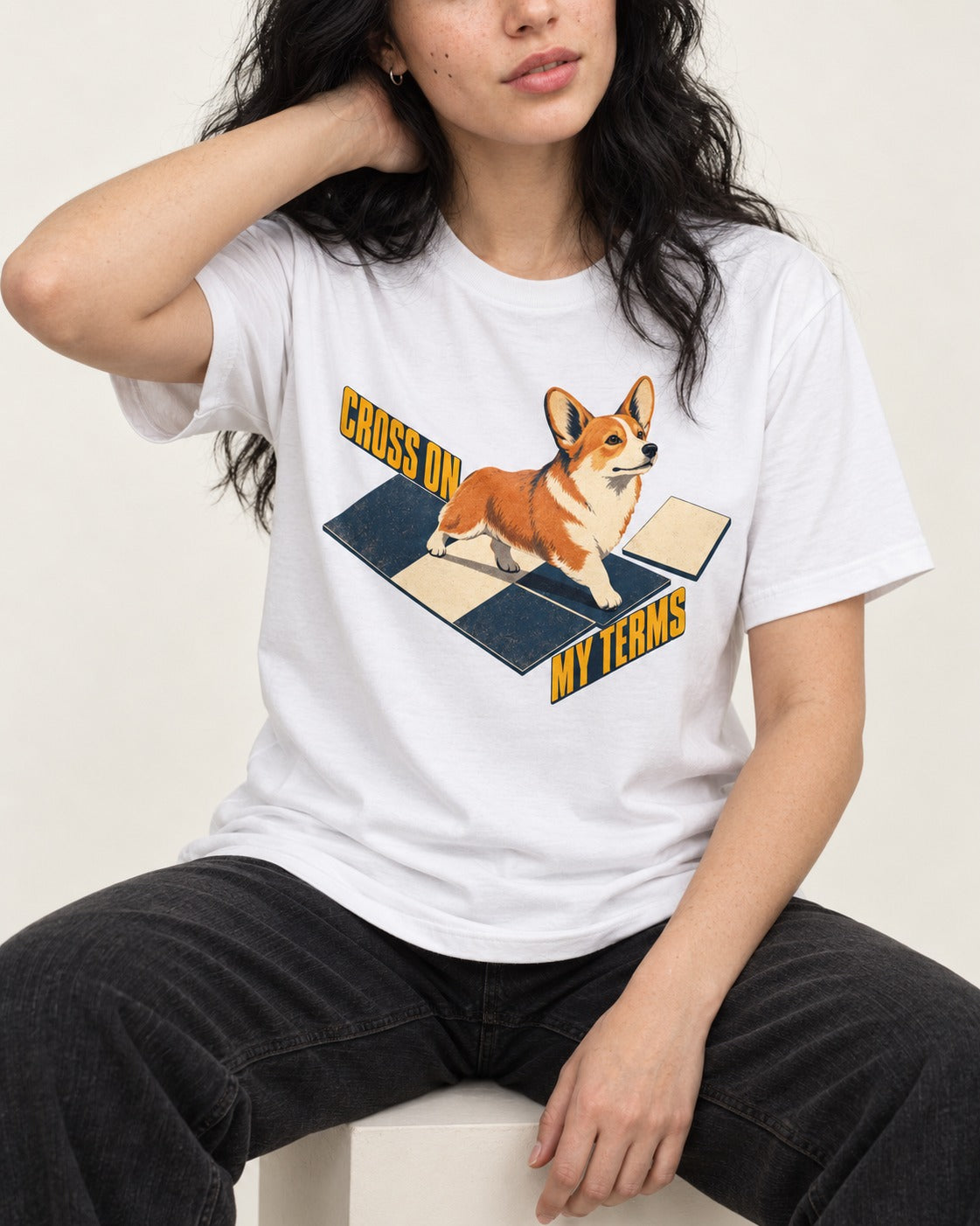 Corgi On My Terms T-Shirt in White, worn by a seated model